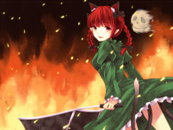 Rule 34 | 1girl, animal ears, braid, cart, cat ears, cat girl, cat tail, dress, female focus, fire, ghost, kaenbyou rin, miyo (ranthath), multiple tails, red eyes, red hair, skull, solo, tail, touhou