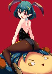 Rule 34 | 1girl, absurdres, animal ears, ass, back, grand summoners, highres, leotard, looking at viewer, looking back, open mouth, pantyhose, playboy bunny, pointy ears, puppuppa, red background, red eyes, rosetta (grand summoners), short hair, sitting