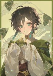 Rule 34 | 1boy, alternate costume, aqua eyes, aqua hair, black hair, border, braid, center frills, chinese clothes, chinese commentary, commentary request, earrings, food, frills, genshin impact, gradient hair, green background, green border, grin, hands up, highres, holding, holding food, jewelry, looking at viewer, male focus, multicolored hair, neck tassel, persimmon (lsxh3), short hair, side braids, single earring, sleeves past fingers, sleeves past wrists, smile, solo, tassel, tassel earrings, twin braids, two-tone hair, upper body, venti (genshin impact), zongzi