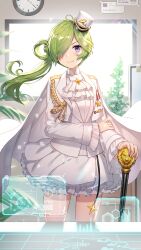 Rule 34 | 1girl, aiguillette, ascot, cape, clock, cowboy shot, epaulettes, frilled skirt, frills, girl cafe gun, green hair, hair over one eye, hand on own arm, highres, holding, holding scepter, holographic interface, indoors, jacket, layered skirt, long hair, long sleeves, looking at viewer, medal, mini shako cap, miniskirt, nie shirou (girl cafe gun), official art, one eye covered, purple eyes, scepter, shirt, side ponytail, single hair ring, skirt, smile, solo, staff, table, tilted headwear, white ascot, white cape, white headwear, white jacket, white shirt, white skirt, window