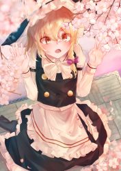 Rule 34 | 1girl, :o, absurdres, apron, arm belt, bad id, bad pixiv id, black hat, black legwear, black skirt, black vest, blonde hair, blurry, blurry foreground, blush, bow, bowtie, braid, breasts, buttons, cherry blossoms, commentary request, cross-eyed, depth of field, flower, from above, hair between eyes, hair ribbon, hands up, hat, hat bow, highres, juliet sleeves, kirisame marisa, long sleeves, looking up, medium hair, no shoes, open mouth, outdoors, petticoat, pink flower, puffy sleeves, purple bow, ribbon, side braid, single braid, sitting, skirt, small breasts, solo, taguno, touhou, tress ribbon, vest, waist apron, wariza, white apron, white bow, white bowtie, witch hat, yellow eyes
