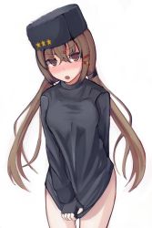 Rule 34 | 1girl, blush, breasts, brown eyes, brown hair, fur hat, hair between eyes, hair ornament, hairclip, hat, highres, kantai collection, long sleeves, low twintails, medium breasts, no panties, no pants, open mouth, papakha, russian clothes, senekio, simple background, solo, star (symbol), tashkent (kancolle), thighs, twintails, white background