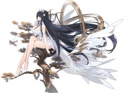 Rule 34 | 1girl, absurdly long hair, aircraft, airplane, antlers, azur lane, bare legs, bare shoulders, between breasts, black background, black hair, branch, breasts, cleavage, closed mouth, clothing cutout, crossed legs, detached collar, detached sleeves, dress, flower, from side, full body, gloves, green eyes, hair between eyes, hair flower, hair ornament, half gloves, hand up, high heels, highres, horns, huge breasts, in tree, indomitable (azur lane), kincora, large breasts, legs, long hair, looking at viewer, looking to the side, mechanical wings, official art, short dress, sidelocks, simple background, sitting, sleeveless, sleeveless dress, smile, solo, thighs, transparent background, tree, very long hair, white dress, white flower, white footwear, white gloves, wings