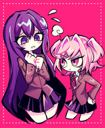Rule 34 | 2girls, :t, blazer, blush, blush stickers, border, bow, bowtie, brown jacket, collared shirt, commentary request, cropped legs, doki doki literature club, dotted line, flying sweatdrops, frown, hair ornament, hairclip, hands on own hips, hatosabure, highres, jacket, long hair, looking at another, multiple girls, natsuki (doki doki literature club), nervous, pink background, pink eyes, pink hair, pleated skirt, purple eyes, purple hair, purple skirt, red bow, red bowtie, shirt, short hair, simple background, skirt, two side up, white shirt, yuri (doki doki literature club)