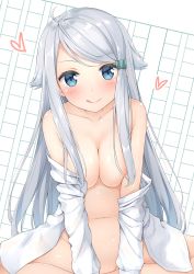 Rule 34 | 10s, 1girl, :q, absurdres, areola slip, blue eyes, blush, breasts, commentary request, hair flaps, heart, highres, imouto sae ireba ii, kani nayuta, karutamo, long hair, looking at viewer, medium breasts, naughty face, off shoulder, open clothes, open shirt, paper background, shirt, silver hair, smile, solo, tongue, tongue out