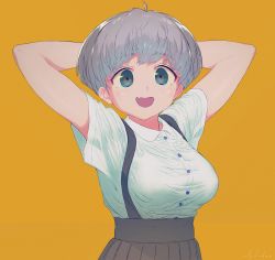 Rule 34 | 1girl, :d, ahoge, alphabet (alphabetnoon), arms behind head, arms up, artist name, black skirt, blue eyes, blush, breasts, buttons, character request, collared shirt, copyright request, dress shirt, fang, film grain, grey hair, high-waist skirt, highres, large breasts, looking at viewer, open mouth, orange background, pleated skirt, shirt, shirt tucked in, short hair, short sleeves, signature, simple background, skin fang, skirt, smile, solo, suspender skirt, suspenders, taut clothes, taut shirt, upper body, white shirt