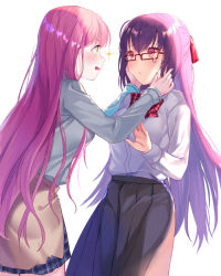 Rule 34 | 2girls, :d, blue skirt, blush, bow, breasts, brown eyes, brown skirt, buttoned cuffs, buttons, commentary request, dress shirt, eye contact, fate/grand order, fate (series), glasses, grey shirt, hair between eyes, hair bow, hands on own face, long hair, long sleeves, looking at another, medb (fate), multiple girls, open mouth, parted lips, pink hair, plaid, plaid bow, plaid skirt, pleated skirt, profile, purple hair, red-framed eyewear, red bow, red eyes, scathach (fate), scathach skadi (fate), shirt, simple background, skirt, small breasts, smile, sparkle, tears, very long hair, white background, white shirt, yuraiko
