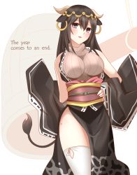 Rule 34 | 1girl, :d, absurdres, animal ears, bell, black hair, black kimono, black sleeves, blush, breasts, brown sweater, chinese zodiac, commentary request, cow ears, cow girl, cow horns, cow tail, detached sleeves, english text, hair between eyes, hand on own hip, highres, horns, japanese clothes, kimono, large breasts, long hair, long sleeves, looking at viewer, mole, mole on thigh, mole under eye, non (wednesday-classic), obi, open mouth, original, personification, purple eyes, ribbed sweater, ribbon-trimmed sleeves, ribbon trim, sash, simple background, sleeveless, sleeveless turtleneck, smile, solo, sweater, tail, thighhighs, turtleneck, turtleneck sweater, white background, white thighhighs, wide sleeves, year of the ox