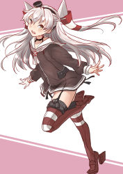 Rule 34 | 1girl, amatsukaze (kancolle), black panties, brown dress, brown eyes, commentary request, dress, fuji (pixiv24804665), garter straps, gloves, grey hair, grey neckerchief, hair tubes, highres, kantai collection, lifebuoy ornament, long hair, neckerchief, open mouth, panties, red thighhighs, round teeth, sailor collar, sailor dress, see-through, see-through dress, short dress, single glove, smokestack hair ornament, solo, striped clothes, striped thighhighs, teeth, thighhighs, two side up, underwear, upper teeth only, white gloves, white sailor collar