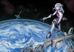 Rule 34 | 10s, 1girl, 2015, alpha (acerailgun), android, blue hair, borrowed character, joints, long hair, marwan islami, original, planet, red eyes, robot joints, signature, solo, space, spacecraft, star (symbol)