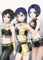 Rule 34 | 3girls, :d, antenna hair, arm up, armband, armlet, armpits, belt, belt buckle, black eyes, black hair, black pants, black shorts, blue hair, breasts, brown eyes, buckle, choker, cleavage, cleavage cutout, clothing cutout, crop top, fishnet legwear, fishnets, gold choker, halterneck, hand in own hair, hand on another&#039;s shoulder, hand on own hip, highres, idolmaster, idolmaster (classic), idolmaster 2, kikuchi makoto, kisaragi chihaya, long hair, looking at viewer, medium breasts, miura azusa, mogskg, multiple girls, navel, open mouth, pants, purple eyes, short hair, shorts, sidelocks, sleeveless, small breasts, smile, strapless, thigh strap, two-tone skirt