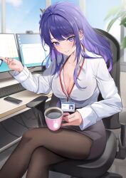 Rule 34 | 1girl, absurdres, alternate costume, breasts, brown pantyhose, cellphone, chair, cleavage, closed mouth, coffee mug, collar, collared shirt, commentary request, computer, contemporary, crossed legs, cup, desktop, feet out of frame, genshin impact, grey skirt, high-waist skirt, highres, holding, holding cup, id card, indoors, keyboard (computer), lanyard, large breasts, long hair, long sleeves, looking at viewer, mole, mole under eye, monitor, mug, multicolored hair, multiple monitors, office, office chair, office lady, on chair, pantyhose, partially unbuttoned, pencil skirt, phone, print mug, purple eyes, purple hair, purple nails, raiden shogun, shirt, shirt tucked in, sitting, skirt, smartphone, smile, solo, swivel chair, two-tone hair, webcam, white collar, white shirt, yutoriko (candy0905)