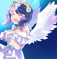 Rule 34 | 1girl, absurdres, angel wings, bare shoulders, black hair, closed eyes, commentary request, dark background, dress, fangs, flower wreath, fukumaru koito, highres, idolmaster, idolmaster shiny colors, jewelry, kiri meee, necklace, open mouth, skin fangs, solo, swept bangs, twintails, upper body, white dress, wings, wrist cuffs