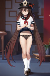 Rule 34 | 1girl, alternate costume, aruman, black nails, black panties, black sailor collar, blue skirt, blurry, blurry background, brown footwear, brown hair, clothes lift, commentary, cropped shirt, flower, flower-shaped pupils, full body, genshin impact, hair between eyes, hat, hat flower, highres, hu tao (genshin impact), indoors, interlocked fingers, lace, lace panties, loafers, long hair, looking at viewer, midriff, navel, neckerchief, own hands together, paid reward available, panties, plant, pleated skirt, plum blossoms, porkpie hat, potted plant, red eyes, red neckerchief, sailor collar, see-through panties, shirt, shoes, short sleeves, skirt, skirt lift, sleeve cuffs, smile, socks, solo, standing, symbol-shaped pupils, table, twintails, underwear, variant set, very long hair, white shirt, white socks