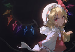Rule 34 | 1girl, :o, ascot, bad id, bad pixiv id, black background, blonde hair, commentary, crystal, eyebrows hidden by hair, flandre scarlet, frilled shirt collar, frills, from side, glowing, hair between eyes, hat, hat ribbon, highres, holding, holding weapon, laevatein, light particles, looking at viewer, medium hair, mob cap, parted lips, red eyes, red ribbon, red vest, ribbon, shirt, short sleeves, simple background, solo, toory, touhou, upper body, vest, weapon, white shirt, wings, yellow ascot