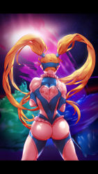 Rule 34 | 1girl, ass, ass cutout, back cutout, bare shoulders, blue leotard, clothing cutout, commentary request, frills, from behind, gradient background, heart cutout, highleg, highleg leotard, kuo chun yu, leotard, long hair, rainbow mika, simple background, sleeveless, street fighter, street fighter v, thighs, twintails, wrestling outfit