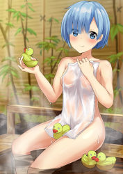 Rule 34 | 10s, 1girl, absurdres, bad id, bad pixiv id, blue eyes, blue hair, blush, breasts, closed mouth, collarbone, commentary request, covering privates, eyes visible through hair, floating, hair over one eye, highres, holding, looking at viewer, medium breasts, naked towel, nude cover, onsen, partially submerged, plant, re:zero kara hajimeru isekai seikatsu, rem (re:zero), ringocha (appleteatea), rock, rubber duck, see-through, short hair, sitting, smile, solo, towel, wall, wet, white towel, wooden bathtub