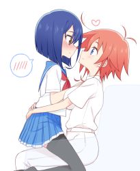 Rule 34 | 2girls, age difference, belt, black legwear, blue eyes, blue hair, blush, breasts, brown eyes, commentary request, eye contact, flip flappers, hand on another&#039;s chest, heart, hug, kokomine cocona, light smile, looking at another, medium breasts, multiple girls, neckerchief, no shoes, aged up, pants, papika (flip flappers), pleated skirt, profile, red hair, school uniform, serafuku, shirt, sitting, skirt, sou (mgn), spoilers, spoken blush, thighhighs, time paradox, white pants, white shirt, yuri
