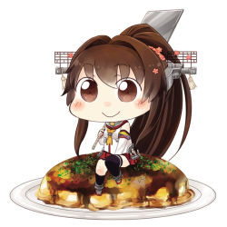 Rule 34 | 10s, 1girl, bad id, bad pixiv id, brown eyes, brown hair, detached sleeves, flower, food, hair flower, hair ornament, headgear, hinata yuu, kantai collection, long hair, okonomiyaki, pink flower, pleated skirt, ponytail, red skirt, simple background, sitting on food, skirt, smile, solo, very long hair, white background, yamato (kancolle)