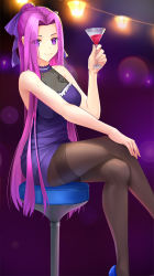 Rule 34 | 1girl, alcohol, bar stool, bare arms, bare shoulders, blue footwear, bow, breasts, brown pantyhose, closed mouth, crossed legs, cup, dress, drinking glass, eyes visible through hair, fate/stay night, fate (series), fingernails, glass, hair bow, hair ribbon, halter dress, halterneck, hand on own knee, hand up, kyoukai33, long hair, looking at viewer, medium breasts, medusa (fate), medusa (rider) (fate), pantyhose, parted bangs, ponytail, purple bow, purple eyes, purple hair, purple ribbon, ribbon, shoes, short dress, sitting, sleeveless, sleeveless dress, smile, solo, stool, very long hair, wine, wine glass
