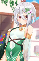 Rule 34 | 1girl, absurdres, ahoge, antenna hair, armlet, bare shoulders, cape, cowboy shot, detached sleeves, dress, elf, flower, green cape, green dress, hair between eyes, hair flower, hair ornament, highres, honome sui, impossible clothes, impossible dress, jewelry, kokkoro (princess connect!), looking at viewer, parted lips, pendant, pointy ears, princess connect!, red eyes, see-through, see-through sleeves, short hair, sidelocks, silver hair, simple background, skin tight, sleeveless, sleeveless dress, solo, sweat, two-tone dress, white dress