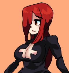 Rule 34 | 1girl, areola slip, breasts, cleavage, cleavage cutout, clothing cutout, drawfag, hair over one eye, large breasts, long hair, meme attire, official style, open-chest sweater, parasoul (skullgirls), red hair, skullgirls, solo, sweater, yellow eyes