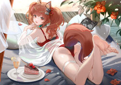 Rule 34 | 1girl, angelina (arknights), angelina (summer flower) (arknights), animal ears, arknights, ass, black collar, breasts, brown eyes, brown hair, cake, cake slice, collar, drink, drinking straw, flower, food, fox ears, fox girl, fox tail, hair ribbon, highres, infection monitor (arknights), long hair, looking at viewer, lying, medium breasts, official alternate costume, on stomach, one-piece swimsuit, open mouth, petals, pillow, red flower, red one-piece swimsuit, red ribbon, rero (bigdoorbig2), ribbon, solo, swimsuit, tail, thigh strap, thighs, twintails