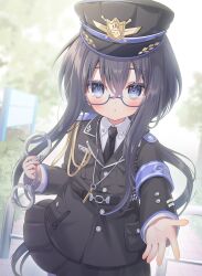 1girl armband black_hair blurry blurry_background blush breasts commentary commission cuffs hair_between_eyes hair_ornament handcuffs hat highres holding holding_handcuffs looking_at_viewer nufucha original police police_hat police_uniform purple_eyes reaching reaching_towards_viewer skeb_commission small_breasts solo