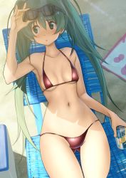 Rule 34 | 1girl, alcohol, armpits, beach, beach chair, bikini, blue eyes, blue hair, blush, breasts, can, closed mouth, cowboy shot, day, drink, eyewear on head, female focus, furuyama itaru, gluteal fold, hair between eyes, hatsune miku, holding, holding can, long hair, looking away, lying, matching hair/eyes, navel, on back, outdoors, red bikini, sand, small breasts, solo, strong zero, sunglasses, sunglasses on head, swimsuit, thigh gap, thighs, twintails, very long hair, vocaloid