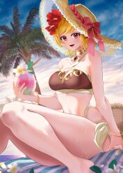 Rule 34 | 1girl, bare shoulders, barefoot, beach, bikini, blonde hair, bracelet, brown bikini, choker, citrinne (fire emblem), cocktail glass, cup, drink, drinking glass, drinking straw, earrings, fire emblem, fire emblem engage, flower, gold choker, hair flower, hair ornament, hat, hat ribbon, highres, holding, jewelry, jin (funaki gen), looking at viewer, navel, necklace, nintendo, official alternate costume, outdoors, palm tree, red eyes, ribbon, short hair, sitting, sky, smile, solo, sun hat, swimsuit, tree