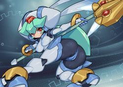 Rule 34 | 1girl, anus, anus peek, ass, bodysuit, breasts, cameltoe, cleft of venus, covered erect nipples, fighting stance, highres, huge ass, large breasts, looking at viewer, looking back, mega man (series), mega man zx, pandora (mega man), pochincoff, red eyes, shiny clothes, smile, solo, staff, thighhighs, weapon