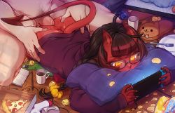 Rule 34 | 1boy, 1girl, ahoge, anus, ass, ass grab, black hair, book, braid, chips (food), clothed sex, colored skin, cup, demon girl, demon horns, demon tail, food, fork, glasses, grabbing another&#039;s ass, groping, hair ornament, hair scrunchie, handheld game console, hetero, highres, holding, holding handheld game console, hood, hood down, hoodie, horns, indoors, long hair, long sleeves, lying, male pubic hair, meruccubus (merunyaa), merunyaa, nintendo switch, on stomach, open book, original, pen, penis, pillow, pizza, pizza slice, plate, potato chips, prone bone, pubic hair, red skin, scrunchie, sex, sex from behind, solo focus, spread anus, tail, uncensored, used tissue, vaginal, yellow eyes