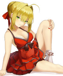 Rule 34 | 1girl, ahoge, arm support, bare legs, blonde hair, bobby socks, breasts, cleavage, closed mouth, collarbone, dress, eredhen, fate (series), green eyes, grey socks, hair bun, hair ribbon, hand on own knee, highres, knee up, layered dress, looking at viewer, medium breasts, nail polish, nero claudius (fate), nero claudius (fate) (all), nero claudius (fate/extra), official alternate costume, red dress, red nails, red ribbon, ribbon, seductive smile, short hair, single hair bun, sitting, sleeveless, sleeveless dress, smile, socks, solo, tsurime