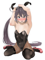 Rule 34 | 1girl, akebono (kancolle), alternate costume, animal ears, armpits, arms up, bare shoulders, black headband, black pantyhose, blush, breasts, brown eyes, covered navel, fake animal ears, full body, hair between eyes, hair ornament, headband, highres, kantai collection, leotard, long hair, looking at viewer, open mouth, pantyhose, playboy bunny, ponytail, purple hair, rabbit ears, red footwear, shoes, side ponytail, simple background, sitting, small breasts, solo, tama (tamago), thighhighs, very long hair, wariza, white background