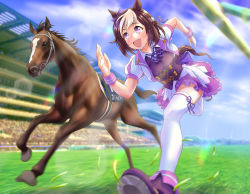 Rule 34 | 1girl, absurdres, animal ears, blurry, blurry background, cheesecake (artist), commentary request, creature and personification, grass, highres, horse, horse ears, horse girl, horse tail, looking to the side, purple eyes, racetrack, real life, running, sky, special week (racehorse), special week (umamusume), sweat, tail, thighhighs, umamusume