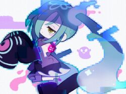 Rule 34 | 1girl, black skirt, black sleeves, black thighhighs, blue hair, closed mouth, commentary request, creatures (company), detached arm, detached legs, detached sleeves, floating, game freak, ghost miku (project voltage), glitch, gradient hair, grey shirt, hair over one eye, half-closed eyes, hands up, hatsune miku, highres, long hair, multicolored hair, nintendo, pale skin, pokemon, print sleeves, project voltage, see-through, see-through skirt, shirt, skirt, sleeveless, sleeveless shirt, sleeves past fingers, sleeves past wrists, solo, thighhighs, twintails, very long hair, vocaloid, white background, white hair, yellow eyes, yukino super