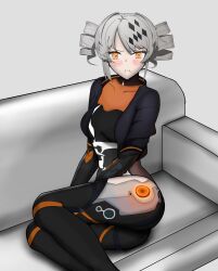 Rule 34 | absurdres, angry, ass, black jacket, blush, breasts, elmirfromabyss, grey hair, highres, jacket, karenina: ember (machina) (punishing: gray raven), karenina: ember (punishing: gray raven), karenina (punishing: gray raven), leotard, mechanical parts, open clothes, open jacket, orange eyes, pout, punishing: gray raven, small breasts