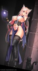 Rule 34 | 1girl, animal ears, black corset, boots, breast curtain, breast curtains, breasts, cat, cat ears, corset, dress, elbow gloves, full body, gloves, high heels, highres, holding, holding staff, large breasts, long hair, mage staff, midnight (banyex), open mouth, original, pelvic curtain, pink hair, pubic tattoo, purple eyes, solo, staff, tattoo, thigh boots