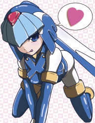 Rule 34 | 1girl, all fours, android, artist request, blue eyes, capcom, heart, helmet, fairy leviathan (mega man), looking at viewer, patterned background, mega man (series), mega man zero (series), solo, speech bubble, thigh boots, thighhighs, tongue, tongue out