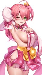 Rule 34 | 1girl, ;d, absurdres, ahoge, areola slip, arm behind head, arm up, armpits, bell, blouse, blush, breasts, collared shirt, cowboy shot, deaver, detached sleeves, floral print, green eyes, hair bell, hair between eyes, hair ornament, highres, hip vent, hololive, jingle bell, large breasts, long hair, long sleeves, looking at viewer, one eye closed, one side up, open mouth, pink hair, pink skirt, sakura miko, sakura miko (1st costume), sash, shirt, sideboob, sideless outfit, simple background, skirt, smile, solo, standing, sweatdrop, thigh strap, thighs, virtual youtuber, white background, white shirt, x hair ornament, yellow sash