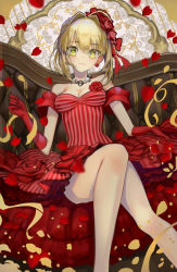 Rule 34 | 1girl, ahoge, bare shoulders, blonde hair, blush, breasts, cleavage, closed mouth, dress, earrings, fate/extra, fate (series), green eyes, hair between eyes, hair intakes, jewelry, legs, long hair, looking at viewer, medium breasts, mins (minevi), necklace, nero claudius (fate), nero claudius (fate) (all), nero claudius (fate/extra), official alternate costume, official style, petals, red dress, red ribbon, ribbon, sitting, smile, solo, striped clothes, striped dress, thighs, vertical-striped clothes, vertical-striped dress