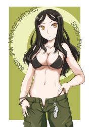 Rule 34 | 1girl, 505th joint fighter wing, bikini, black bikini, black hair, bracelet, breasts, cleavage, closed mouth, collarbone, commentary, constantia cantacuzino, dog tags, english text, green background, green pants, hand on own hip, highleg, highleg bikini, highres, jewelry, large breasts, light frown, long hair, looking at viewer, navel, outside border, pants, solo, standing, string bikini, swept bangs, swimsuit, unbuttoned pants, wan&#039;yan aguda, world witches series, yellow eyes