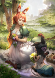 Rule 34 | 2girls, absurdres, age difference, animal ears, apron, basket, black hair, blanket, blouse, bow, breasts, brown eyes, brown hair, centaur, centaur no nayami, character request, cleavage, day, dress, flower, forest, grass, green dress, hair bow, half updo, highres, hooves, kimihara himeno, light smile, long hair, looking at another, looking to the side, medium breasts, multiple girls, nature, on ground, orange eyes, outdoors, picnic, picnic basket, puffy short sleeves, puffy sleeves, purple bow, shirt, short sleeves, sitting, stream, taur, tree, very long hair, white shirt, wreath, zuzu sensei