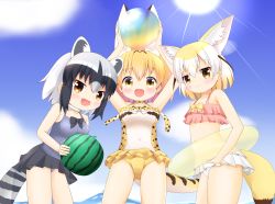 Rule 34 | 10s, 3girls, :d, adapted costume, animal ear fluff, animal ears, ball, bare arms, bare shoulders, beachball, bikini, black hair, blonde hair, blush, breasts, brown eyes, casual one-piece swimsuit, commentary request, common raccoon (kemono friends), covered navel, day, fang, fennec (kemono friends), food, fox ears, fox girl, fox tail, fruit, highres, holding, holding ball, innertube, kemono friends, looking at viewer, medium breasts, multicolored hair, multiple girls, navel, one-piece swimsuit, open mouth, outdoors, pink bikini, purple one-piece swimsuit, raccoon ears, raccoon girl, raccoon tail, serval (kemono friends), serval print, serval tail, shin01571, small breasts, smile, standing, swim ring, swimsuit, tail, transparent, two-tone hair, watermelon, white bikini, white hair, white one-piece swimsuit, yellow innertube