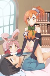 Rule 34 | 1boy, 2girls, absurdres, animal ears, blue eyes, blush, breasts, clothed male nude female, hair ornament, highres, kiniro tofu, mimi (princess connect!), misogi (princess connect!), multiple girls, nude, open mouth, orange eyes, panties, partially undressed, pink panties, princess connect!, rabbit ears, small breasts, smile, underwear, yuuki (princess connect!)