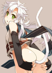 Rule 34 | 1girl, anal, anal object insertion, anal tail, ass, ass grab, bottomless, brown background, butt plug, eiyuu densetsu, elbow gloves, fake tail, falcom, fie claussell, fingerless gloves, from behind, gloves, green eyes, highres, jacket, long hair, looking at viewer, looking back, object insertion, scarf, sen no kiseki, sex toy, shikei, solo, spread ass, tail, white hair
