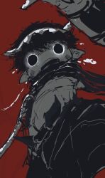 Rule 34 | 1boy, black eyes, black hair, cape, child, empty eyes, facial mark, facial tattoo, hair between eyes, looking at viewer, made in abyss, mechanical arms, mechanical hands, mechanical legs, metal hairband, no headwear, no navel, no nipples, open mouth, partially colored, pointy ears, red background, regu (made in abyss), robot, shorts, simple background, sketch, solo, tattoo, teeth, topless male, zinckag
