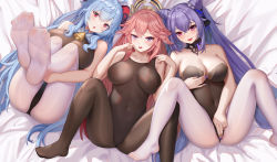 Rule 34 | 3girls, :d, :o, absurdres, ahoge, animal ears, bare shoulders, bell, black choker, blue hair, blue nails, blush, bodystocking, breasts, breasts apart, choker, cleavage, cone hair bun, covered erect nipples, covered navel, covering privates, covering crotch, cowbell, fang, feet, feet up, floppy ears, foot focus, foreshortening, fox ears, ganyu (genshin impact), genshin impact, goat horns, hair between eyes, hair bun, hair ears, hair ornament, hand on own chin, highres, holding legs, hong bai, horns, keqing (genshin impact), large breasts, long hair, looking at viewer, lying, multiple girls, nail polish, neck bell, on back, open mouth, pantyhose, pink eyes, pink hair, pink nails, purple eyes, purple hair, purple nails, sidelocks, signature, smile, soles, spread legs, thighs, toes, twintails, wavy mouth, white legwear, yae miko