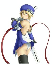Rule 34 | 1girl, aqua eyes, arc system works, ass, back, backless dress, backless outfit, bare shoulders, black thighhighs, blazblue, blonde hair, detached sleeves, dress, dual wielding, from behind, gloves, gun, hat, highres, holding, looking back, noel vermillion, panties, parted lips, short hair, simple background, solo, thighhighs, thor (deep rising), underwear, weapon, white gloves, white panties