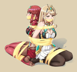 Rule 34 | 2girls, barefoot, bdsm, blonde hair, bondage, bound, bound together, dress, gag, gagged, highres, lost one zero, multiple girls, mythra (xenoblade), pyra (xenoblade), red eyes, red hair, red thighhighs, restrained, soles, swept bangs, thighhighs, tiara, white dress, xenoblade chronicles (series), xenoblade chronicles 2, yellow eyes